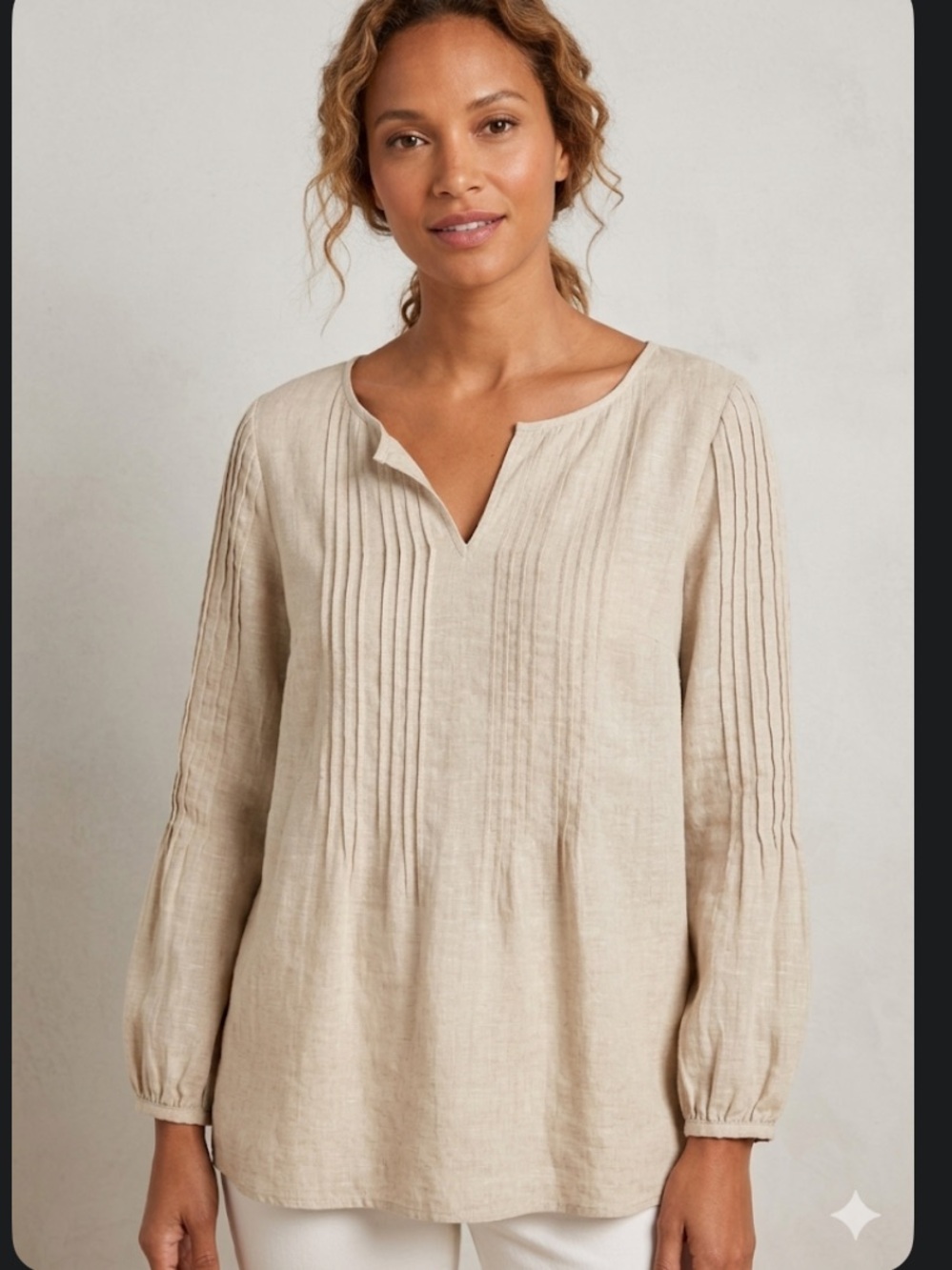 Talbots tan linen blouse pintuck textures on both front and back v neck large